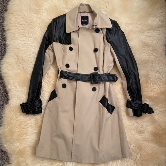 Bebe Jackets Coats Bebe Tan And Faux Black Leather Trench Poshmark Bebe Jackets Coats Bebe Tan And Faux Black Leather Trench Poshmark